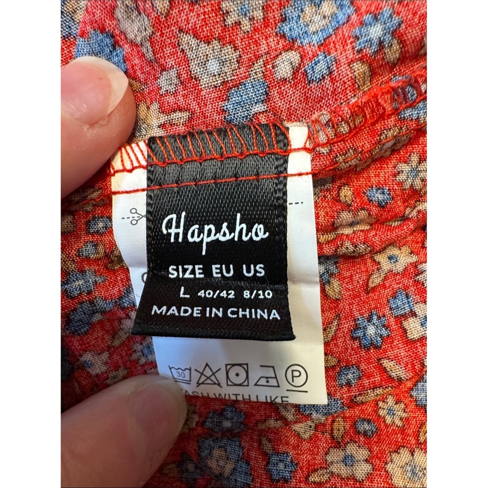 Hapsho Red Floral Boho Viscose Blouse Short Sleeve Tie Neck Top Size Large - Picture 5 of 7
